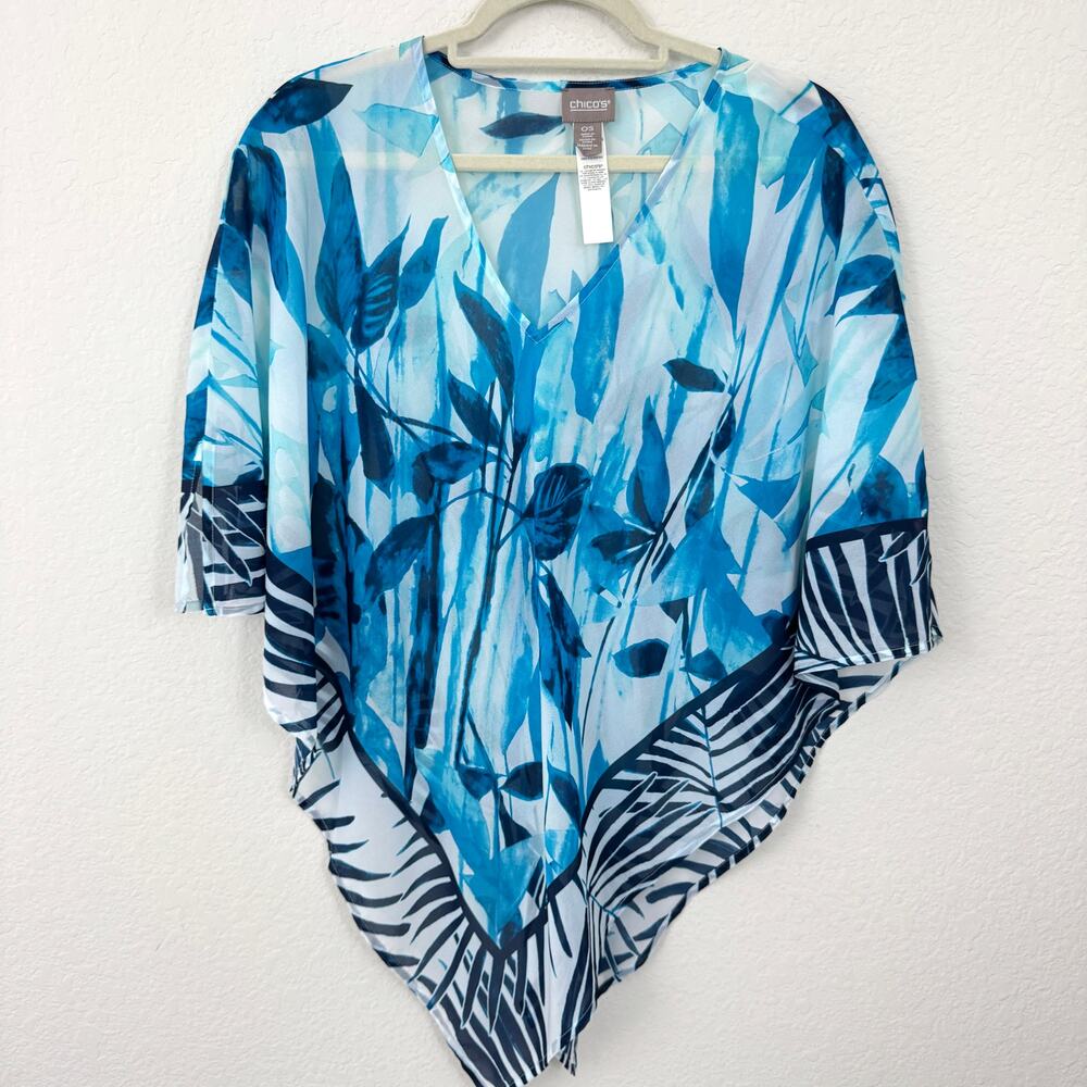Chicos Womens Blouse Cape Top One Size Flowy Floral Beach Summer Blue